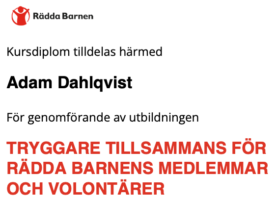 Rädda Barnen course diploma awarded to Adam Dahlqvist